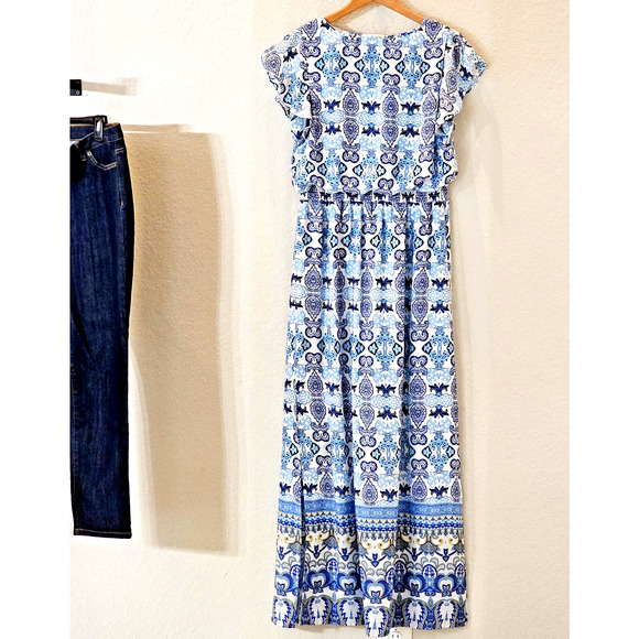 Adrianna Papell Floral Maxi Dress Size 12 Blue w Tassel Tie Front Stretch Waist - Picture 12 of 16